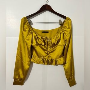 Forever 21 Mustard Yellow Satin off shoulder ruffle Cottage Core Crop Top